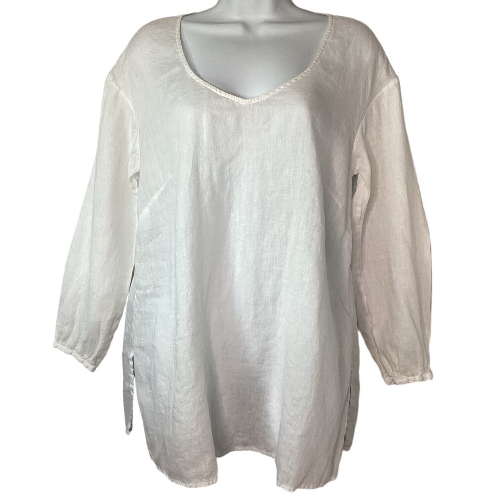 BLUE Saks Fifth Avenue Vintage Linen Blouse White‎ Size L Long Sleeve V-Neck